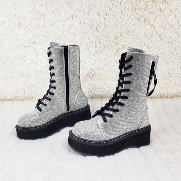 Super Sparkle Iridescent Rhinestone Platform Combat Mid Calf Boots 362 Emily - Picture 15 of 17